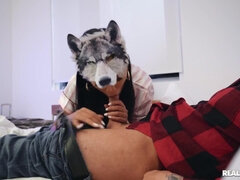 A sexy tart in a wolf mask gives blowjob before being pounded