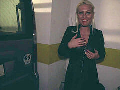 RISKY PUBLIC fuck-a-thon-REAL duo pulverizes IN PARKING GARAGE, Creampie and blowjob