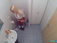 Amateur, Salle de bains, Blonde, Plantureuse, Éjaculation interne, Bureau, Uniforme, Voyeur