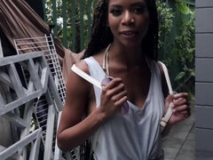 Ebony babe begrudgingly takes clothes off to fool around