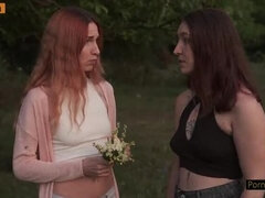 Hot Russian redhead gets wild in outdoor foursome - dirty talk & cowgirl action