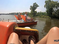 After fun on catamaran busty beauty sucking hunters dick in forest