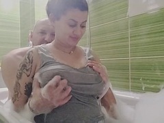 Sexy ass big tits wet pantyhose and shirt touched in the bathroom
