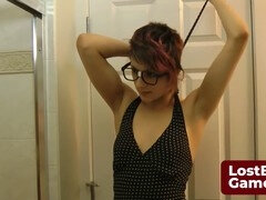 Badkamer, Spel, Lesbisch, Voorbinddildo, Strippen