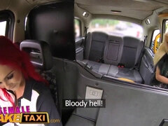 Redheads have multiple orgasms while playing with dildos in their pussy in fake taxi