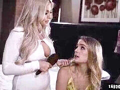 Lustful blondes Christie Stevens and Natalie Knight share lucky guy's cock in hot threesome