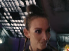 A white chick with small tits rides a black cock in the space taxi