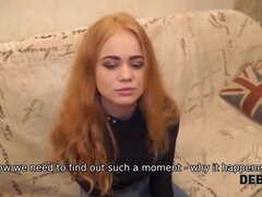 Russian teen with red hair pays for huge TV with a hot blowjob & rough fuck