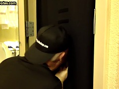 Gloryhole gaydaddy opens mouth for sucking BFs dick