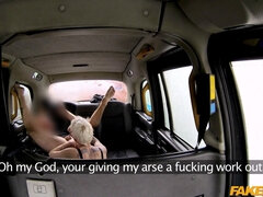 Blonde bombshell with huge tits gets multiple orgasms in fake taxi scene