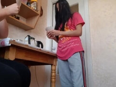 Lesbian Step Sisters Cheat - Fingering & Spanking in the Kitchen While Step Sis is on the Phone