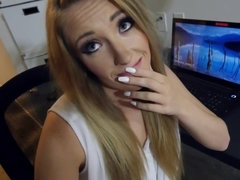 A blonde with a hot face is showing her love to a large dick