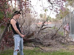 Tattooed dude and a nerdy lad banging in the woods