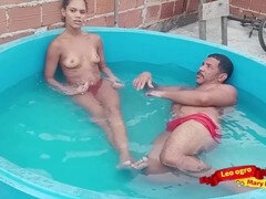 Stepdaughter and 18yo teen cutie wet and wild in the pool tub