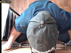 Senior gloryhole DILF blows BF's dick through hole