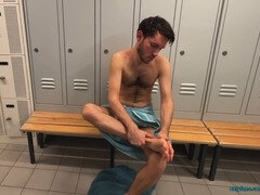 Boys having fun with public foot play in the locker room