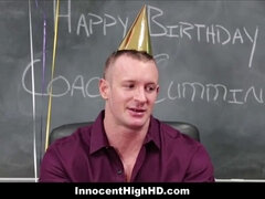 Coach bangs adorable high school teen with braces on his birthday with his big cock