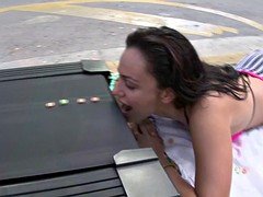 Two babes convinced to flash their tits