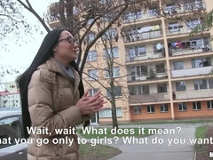 Strangers Fuck In The Stairwell - nerdy chick in eyeglasses Anna Rose flashing bubble butt