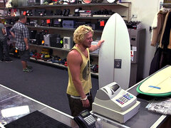 Pawnshop stud with abs fucked in stockroom in 3some after BJ