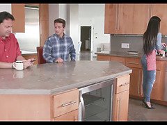 Stepmom and stepson get frisky in the kitchen while stepdad is away