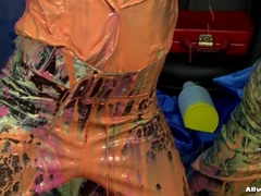 茶髪の, オイル, サテン, 拘束, 濡れ