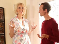 Granny with short hairs Morgan Shipley strokes a nice hard dick