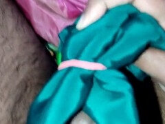 Silk handjob action on satin dress - self-pleasure and cum on silky outfit