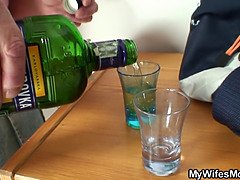 Old blonde mother-in-law riding his huge dick