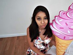 Dude inserts big dick into petite Latina amateur babe