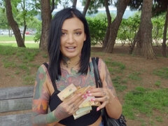 Inked slut Adel Asanty fucks for money in public