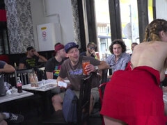 Busty hard caned and fucked in public