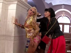 美女, ブロンド, フェティッシュ, Hd, レズビアン, 下着, ストッキング, 三人