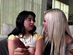 Busty stepmom with a smile tugging on a petite's leather thong in a POV trio