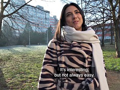 Public agent Beautiful brunette biology student cums on unknown cock