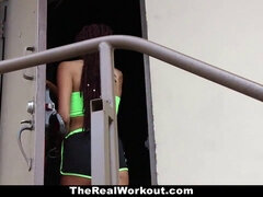 Watch Julie Kay's big tits bounce while getting drilled at the gym by a team of ebony studs