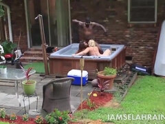 BBW ebony ghetto sluts Selah Rain & Nikki Lately Threesome - cock sharing outdoors by the pool