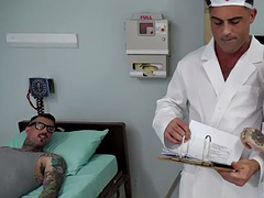 Busty MILF tattooed bisexual nurse anal ass fucked in orgy