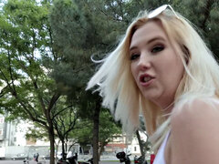 Blonde with small tits goes wild outdoors for cash & facial
