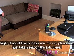 Dumb British slut lets boss fuck her in office job interview