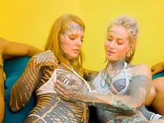 2 Tattooed Alt Girls, 6 Cocks - Gagged, DP, and Facials