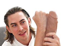 Geek stud dominated by student before class fisting