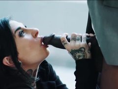 Tattoed chick tempts her lover by giving him her tight ass