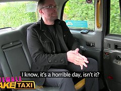 Michelle Thorne gets her big fake tits licked before getting a deepthroat blowjob and a hot load on Fake Taxi Reporter's tits