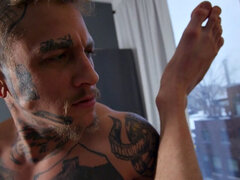 Gay bareback sex by tattooed hunk while BF watches