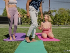 Bosomed MILF with glasses shares BBC with curvy bimbo