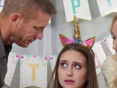 デカパイ, ブロンド, チン, バック, 開帳, キス, 淫乱熟女, 三人