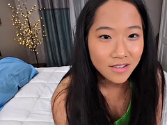 Seducing stepteen Asia blows cock in POV before taboo sex