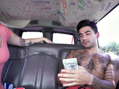 Tattooed stud picked up to fuck ass in van for money