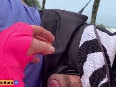 Amateur handjob, people walking near, beach exhibitionist